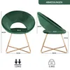 Two views of a dark green velvet chair with gold metal legs, with dimensions and weight indicated. Produktbild-Vorschau