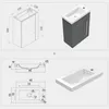 Collage of technical drawings and a 3D render of a bathroom vanity set. Produktbild-Vorschau