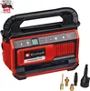A red and black Einhell hybrid compressor with various nozzles shown in the foreground. Voir les images du produit