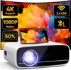 A white projector is shown in the foreground, with a colorful abstract image projected onto a curved screen in the background. A smartphone is placed on top of the projector. Text overlays highlight product features. Produktbild-Vorschau