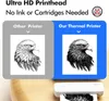 A comparison of print quality between a standard printer and a thermal printer, with a product shot of the thermal printer at the bottom. Náhľad obrázku produktu