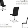 Three black chairs with metal frames are displayed against a white background, with marketing text highlighting comfort and design. Produktbild-Vorschau
