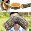A collage of images showing different views and uses of a log-shaped pillow. Produktbild-Vorschau