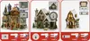 A collage of three different Christmas village houses with close-up views and diagrams indicating light string types. Produktbild-Vorschau