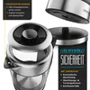 Close-up of a kettle and its base with overlaid text highlighting features and safety information. Voir les images du produit