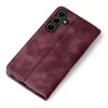 A burgundy flip cover case for a smartphone is shown against a white background. Produktbild-Vorschau
