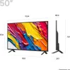 A diagram showing the dimensions of a 50-inch television, with a colorful abstract image displayed on the screen. Voir les images du produit