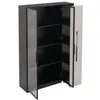 A tall, narrow cabinet with two doors, one black and one white, is shown open, revealing shelves inside. The cabinet is set against a plain white background. Podgląd zdjęcia produktu