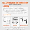 A graphic displaying various accessories for a trailer hitch, including chains, pins, screws, and mounting plates. Produktbild-Vorschau
