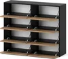 A modern, modular shoe cabinet with multiple open shelves and hinged doors. Podgląd zdjęcia produktu