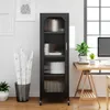 A narrow black cabinet with glass doors stands next to a wooden desk with plants and a computer monitor. Podgląd zdjęcia produktu