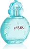 A blue glass perfume bottle with a decorative cap and the word 'rem' in red on the front. Náhled obrázku produktu