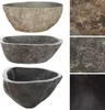 A collage of three river stone sinks and close-up textures of different stone materials. Voir les images du produit