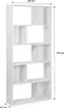 A tall, narrow bookshelf with multiple shelves and compartments, shown against a white background with dimensions indicated. Produktbild-Vorschau