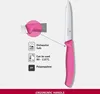 A pink Victorinox kitchen knife with informational callouts about its features. Produktbild-Vorschau