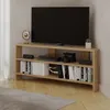 A corner TV stand with a TV and various items on it, set in a room. Produktbild-Vorschau