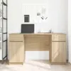 A wooden desk with a laptop and some office supplies on it, set against a white wall with a pegboard. Produktbild-Vorschau