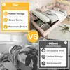 A split image comparing a bed with hydraulic storage to a messy bed with drawer storage. Produktbild-Vorschau