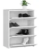 A white shoe cabinet with multiple shelves, each containing shoes. A small potted plant sits on top. Produktbild-Vorschau