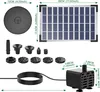 A collection of solar fountain pump components laid out on a white and gray background with dimensions indicated. Produktbild-Vorschau