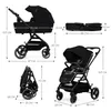 A collage of images showing a black Kinderkraft Yoxi 3in1 stroller in different configurations and folded, with dimensions indicated by text and lines. Produktbild-Vorschau