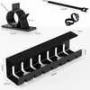 A collage of different cable management accessories, including a desk cable organizer, cable ties, and a cable clip. Produktbild-Vorschau