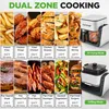A collage of food items and two views of an air fryer/grill appliance, with text overlays describing cooking functions and times. Produktbild-Vorschau