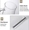 Close-up images of a glass kettle's mouth and a stainless steel filter element, with descriptive text highlighting features. Náhled obrázku produktu