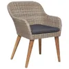 A single outdoor chair with a gray cushion, made of woven poly rattan with wooden legs, is shown against a white background. Náhled obrázku produktu
