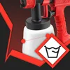A close-up of a red and black electric paint sprayer with a white container, set against a dark background with red geometric shapes. Produktbild-Vorschau