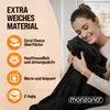 A woman is happily hugging a black blanket, with marketing text and icons on the left side of the image. Produktbild-Vorschau