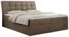 A brown upholstered box spring bed with a tufted headboard and bedding is shown against a white background. Produktbild-Vorschau
