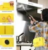 A woman is using a yellow steam cleaner to clean a kitchen range hood. The image also includes close-up shots of the steam cleaner's features. Produktbild-Vorschau