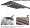 A manual awning is shown, with close-ups comparing aluminum and rusted iron to highlight the material's durability. Produktbild-Vorschau