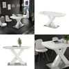 Collage of images showing a white dining table with a distinctive X-shaped base, presented in different settings and angles. Anteprima dell’immagine prodotto