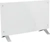A white glass electric heater with silver legs, shown against a white background. Produktbild-Vorschau