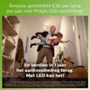 A father is playfully holding his daughter in a hallway, reaching for a light switch. The image is overlaid with marketing text about energy savings with LED lighting. Produktbild-Vorschau