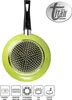 The bottom view of a green frying pan with a black handle, along with several icons indicating product features and compatibility, and a brand logo. Produktbild-Vorschau