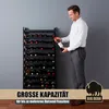 A man is placing a wine bottle into a black wine rack. The image has promotional text and a logo at the bottom. Produktbild-Vorschau