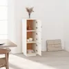 A white wooden cabinet with its doors open, revealing shelves with some kitchen items, is shown in a room with a dining table and chair. Anteprima dell’immagine prodotto
