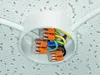 A close-up view of electrical wire connectors inside a white junction box mounted on a textured ceiling. Podgląd zdjęcia produktu