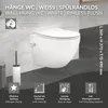 A white wall-hung toilet with product features highlighted by text and icons. Produktbild-Vorschau