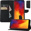 A black flip case for a Huawei Y6 2019 smartphone, shown open with the phone inside and a close-up of the phone's screen. Produktbild-Vorschau