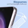 A close-up of a smartphone with a transparent phone case being shown next to it. The background is a light blue color. Produktbild-Vorschau