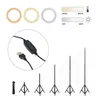 Collage of product images showing ring lights, a USB controller, and different sizes of tripods, along with feature descriptions. Produktbild-Vorschau