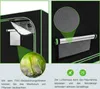 A split image showing details of a grow tent, including a viewing window with seedlings and a close-up of a ventilation screen. Produktbild-Vorschau