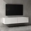 A modern, wall-mounted white TV lowboard is shown against a textured concrete wall and floor. Produktbild-Vorschau