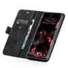 A black flip cover wallet case for a smartphone, showing cards and cash inserted. Produktbild-Vorschau