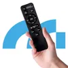A hand holding a black remote control with various buttons and text labels, set against a white background with abstract blue shapes. Voir les images du produit