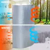 A split image showing the insulation mat's effectiveness in both summer and winter conditions, with arrows indicating heat flow. Produktbild-Vorschau